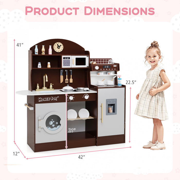 Honeyjoy Jeu De Cuisine Pour Enfants Jeu De Cuisine En Bois Avec Horloge, Micro-ondes, Evier, Plateau Brun