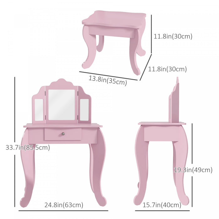 Qaba Coiffeuse Et Tabouret Pour Enfants Coiffeuse Pour Filles Bureau De Maquillage Avec Miroirs Tri-pliants Tiroir Motif Etoile Et Cœur Rose