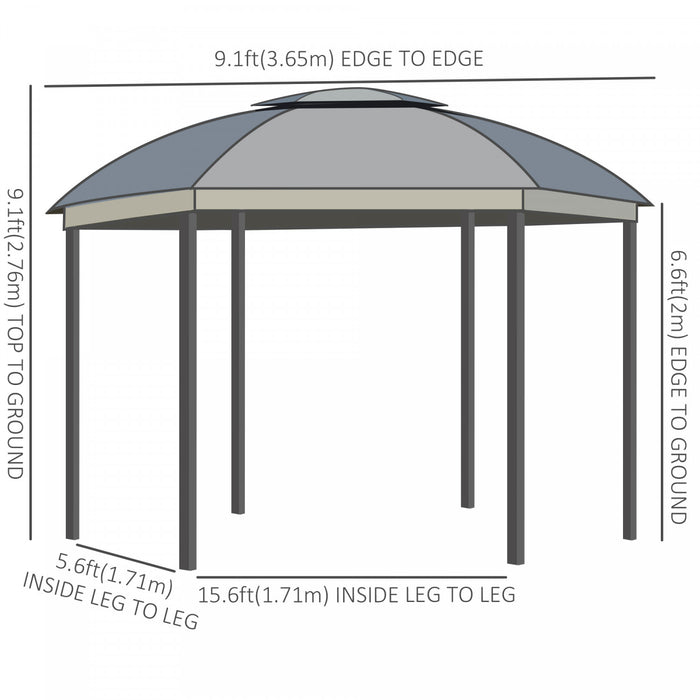 Outsunny Tonnelle Ronde De 12' X 12', Auvent De Terrasse En Forme De Dome Avec Double Toit, Parois Laterales En Filet Et Rideaux, Portes A Fermeture Eclair, Cadre En Acier Solide, Gris