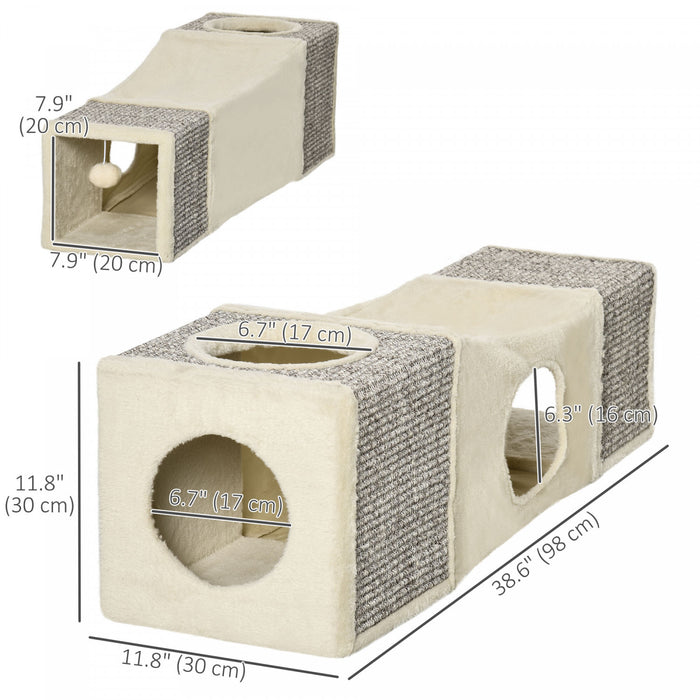 Tunnel Pour Chat Pawhut De 99 Cm De Long Avec Balle Suspendue, Enclos Exterieur Pour Chat En Peluche Catio Avec Deux Niches, Blanc Creme