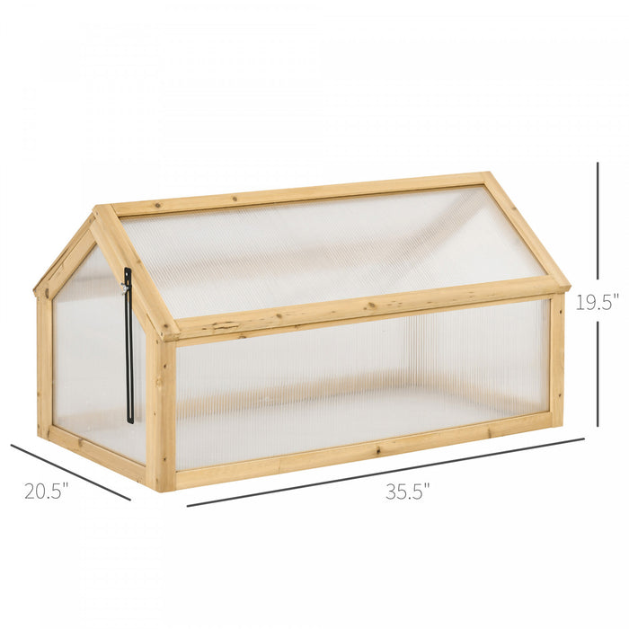 Outsunny Mini Serre De Jardin Serre A Tomates Dim. 35.5\" X 20.5\" X 19.5\" Toit Ouvrable Panneaux De Polycarbonate Bois Sapin Pre-huile Brun Clair