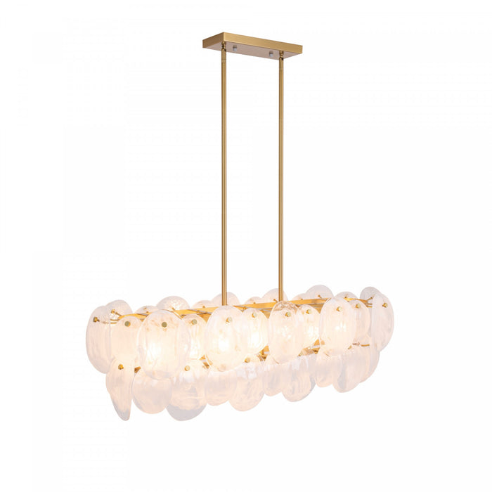 Luminaire D’ilot A 7 lampes Lily, Laiton Brosse Et Verre Genre Murano Blanc Vaporeux