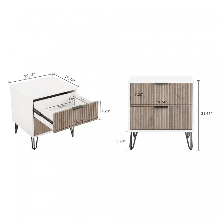 Table de nuit moderne Dumbo 20\" a cannelures, gris rustique et blanc (2 tiroirs) - Lot de 2