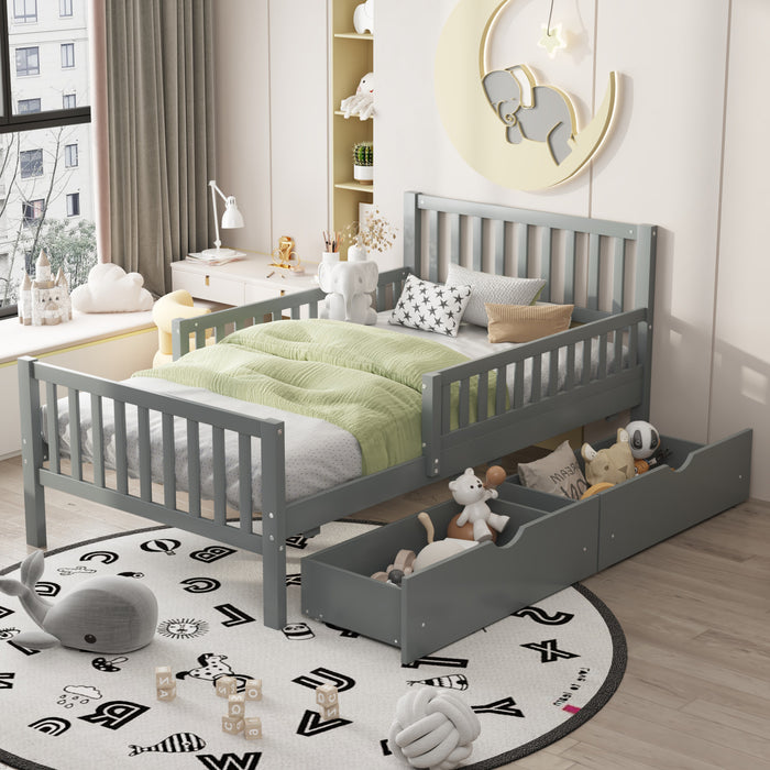 Emma – Lit Plateforme en Bois avec Barrieres de Protection et Tiroirs de Rangement, Format Simple - Gris