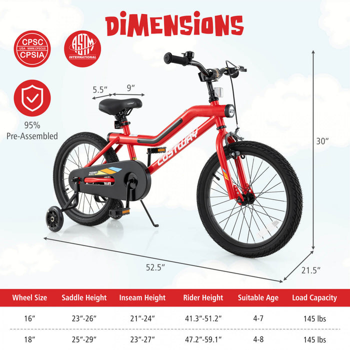 Costway 18\" Led Eclaire Velo Pour Enfants Avec Siege Reglable Coaster Frein Roues D'entrainement Rouge