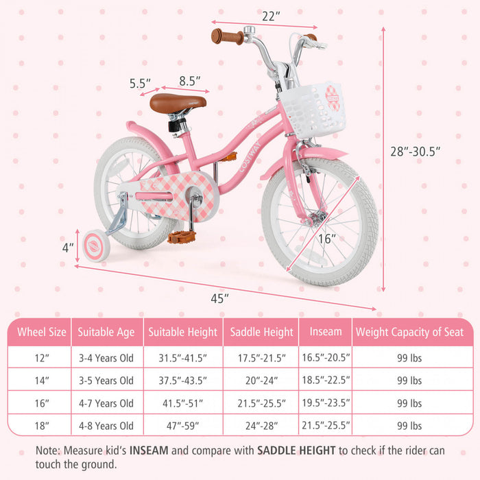 Costway 16\" Enfants Velo Tout-petit Velo Reglable Avec Roue D'entrainement Pour 4-7 Ans Fille Rose
