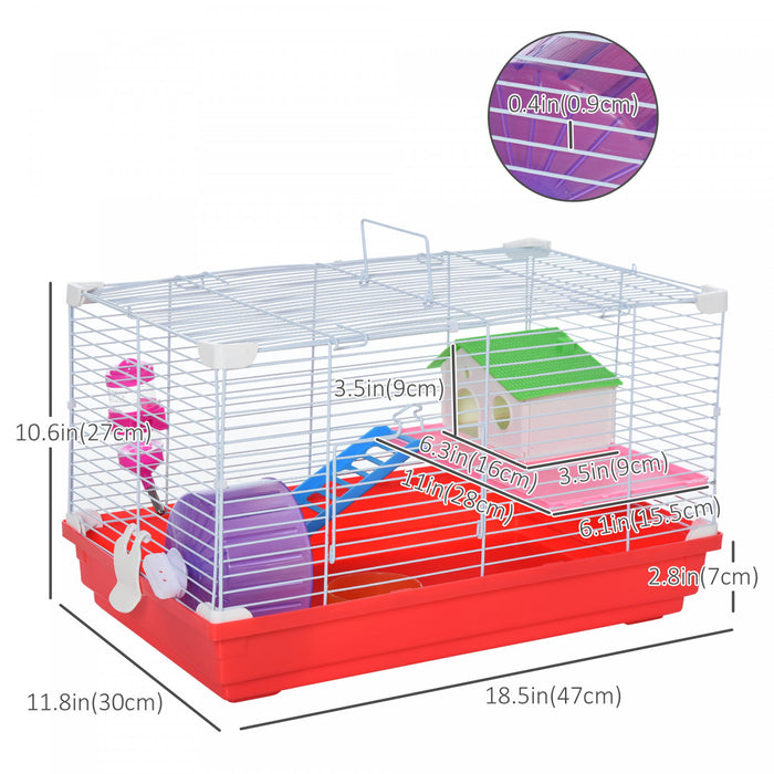Pawhut Cage Pour Hamster 18.5\" Avec Roue D'exercice Et Plats Pour Bouteille D'eau, Maison Pour Rat Et Habitats A 2 Etages, Rouge