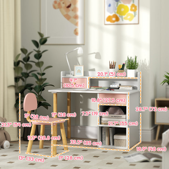 Qaba Ensemble Bureau Et Chaise Pour Enfants Avec Rangement Et Etageres Rose