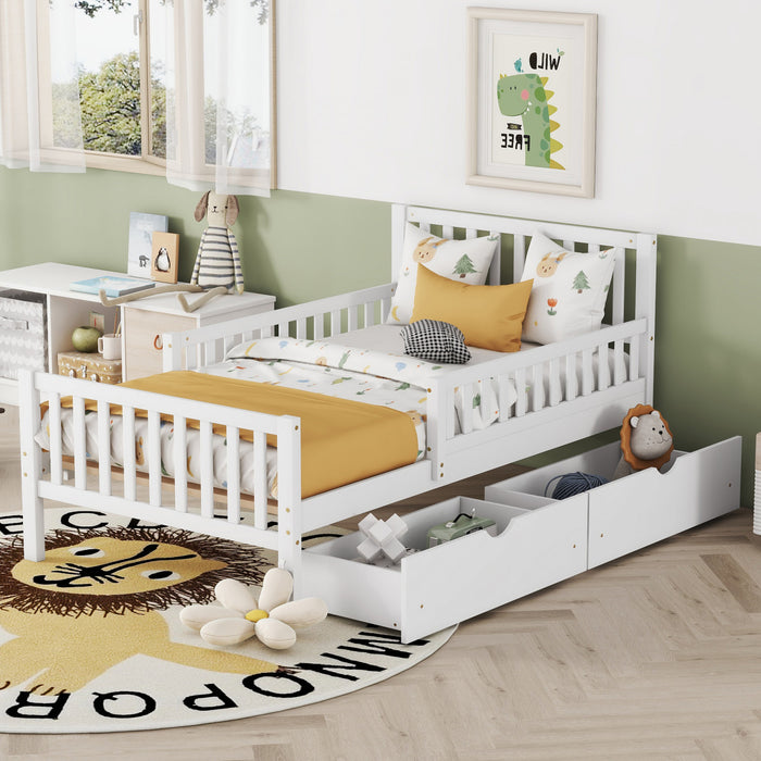Emma – Lit Plateforme en Bois avec Barrieres de Protection et Tiroirs de Rangement, Format Simple - Blanc