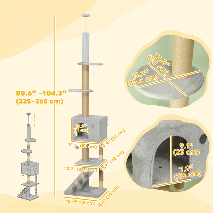 Pawhut Arbre A Chat Du Sol Au Plafond Pour Grands Chats Adultes, Tour A Chat Reglable En Hauteur De 89\"-104 Avec Griffoir, Maison Pour Chat, 3 Marches, Kit Anti-basculement, Gris