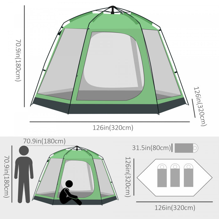 Outsunny Tente De Camping Design Pop-up 6 Personnes, Tente De Randonnee En Tissu A 2 Niveaux Avec 4 Fenetres 2 Portes Sac De Transport Portable Pour La Peche, La Randonnee, Vert