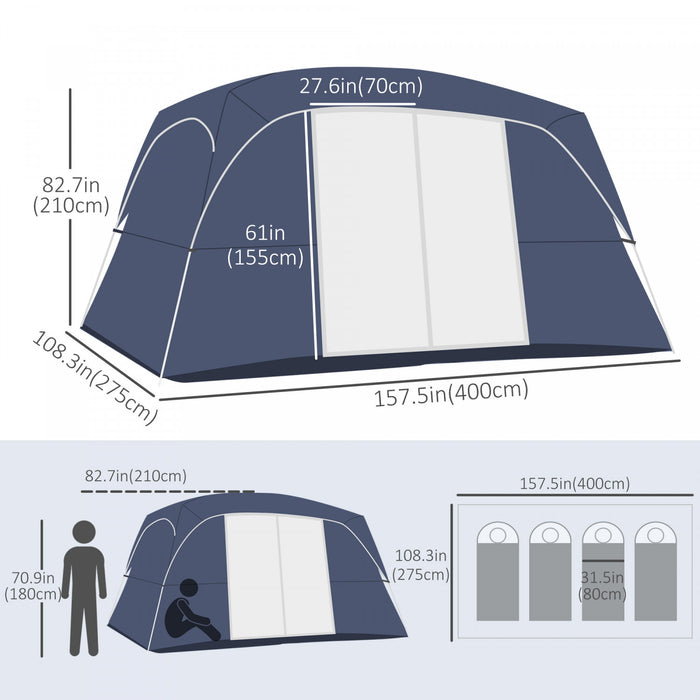 Outsunny Tente De Camping, Tente Familiale 4-8 Personnes, 2 Pieces, Avec De Grandes Fenetres En Maille, Assemblage Facile Pour La Randonnee En Plein Air 13'l X 8'i X 7'h Bleu