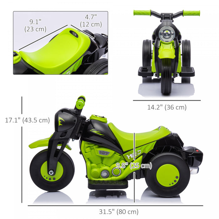Qaba Velo Electrique, Voiture A Bulles, 3 Roues, Moto Electrique Alimentee Par Batterie 6 V Pour Enfants Avec Phare Led, Musique, Pedale, Pour 2 A 5 Ans, Vert