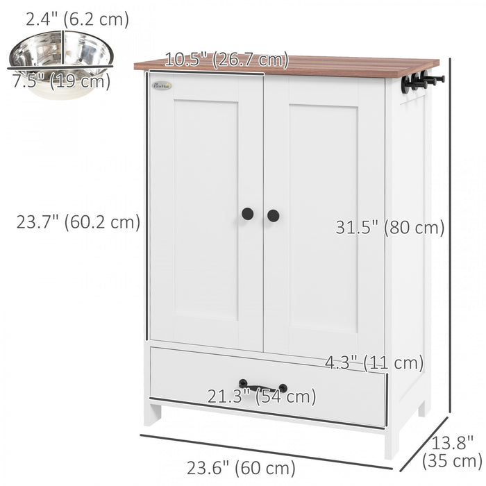 Pawhut Station D'alimentation Pour Chien, Recipient De Stockage De Nourriture Pour Animaux De Compagnie Avec Bols Sureleves Caches, Panneau Reglable, Crochets, Pour Chiens De Taille Moyenne, Blanc