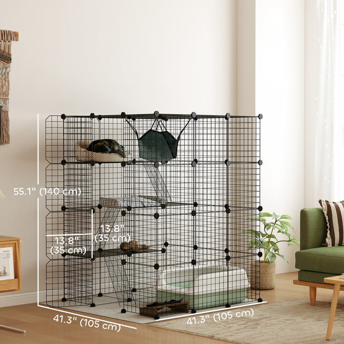 Pawhut Cage D'interieur Pour Chat A 4 Niveaux Avec Hamac, 5 Portes, 3 Rampes, 3 Plates-formes De Saut, Parc Pour Chat En Fil D'acier Pour 1 A 3 Chats, Noir