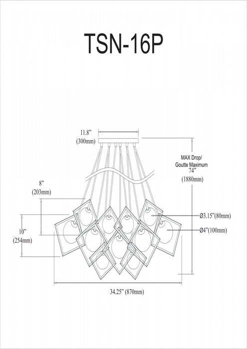 Lustre Thomson de Dainolite en verre blanc, avec fini doré et 16 ampoules