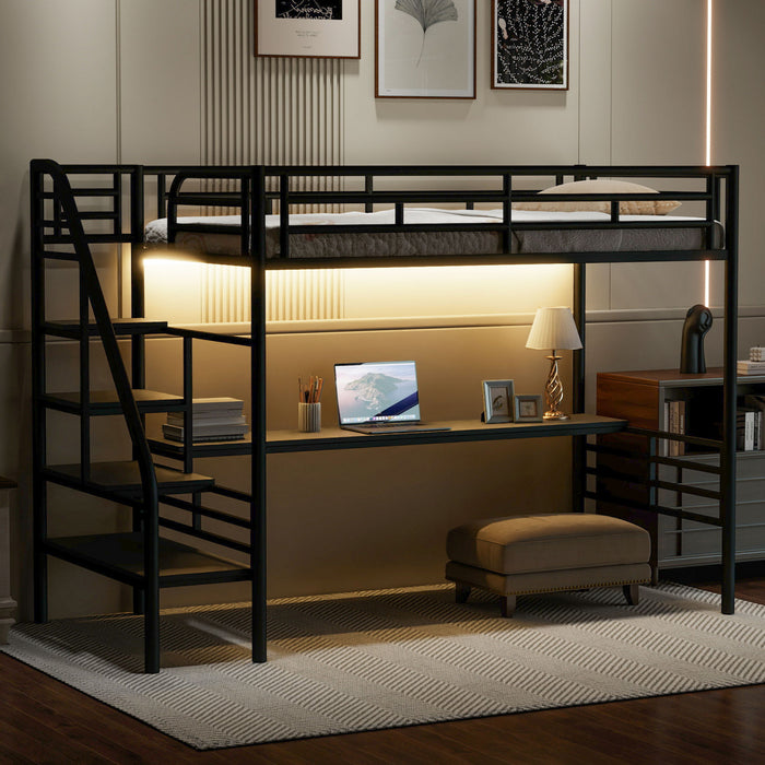 Cherry – Lit Mezzanine Simple En Metal, Design Compact Avec Bureau Et Eclairage Del – Noir
