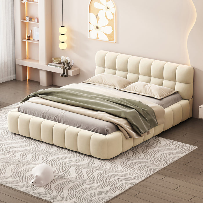 Lit plateforme rembourre Jessica avec tissu en lin confortable et cadre robuste, taille Queen, beige