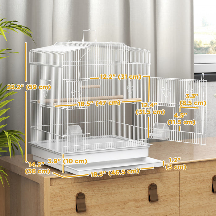 Cage a oiseaux PawHut 58 cm (H) pour pinsons, canaris, perruches et perroquets, avec poignee et accessoires, blanche.