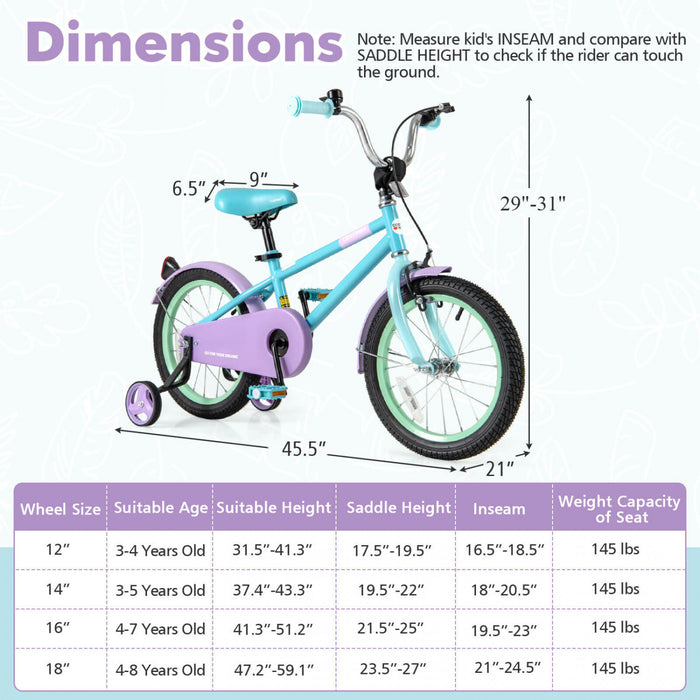 Costway 16\" Velo Pour Enfants Avec Guidon Reglable De Selle Roues D'entrainement Amovibles Frein A Main Bleu