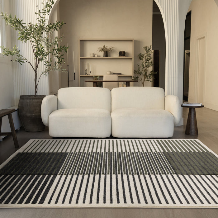 Tapis Maverick vert, noir et blanc a rayures modernes, 7'10\" x 10'6\"