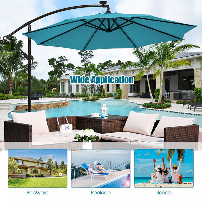 Costway Parasol deporte solaire LED de 10 pieds avec manivelle, 40 lumieres, base turquoise