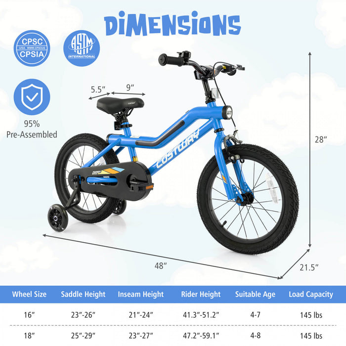 Costway 16\" Led Eclaire Velo Pour Enfants Avec Siege Reglable Coaster Frein Roues D'entrainement Bleu