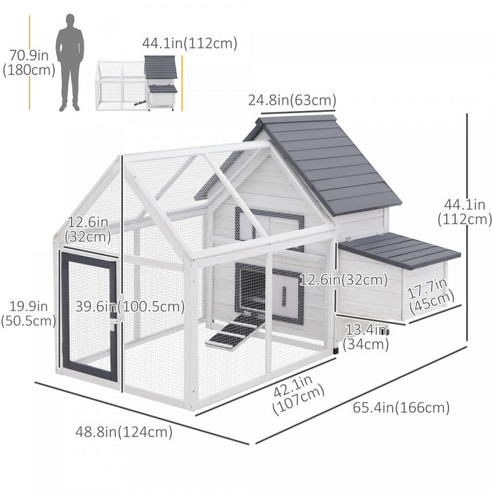 Poulailler Clapier Modele Villa Multi-equipee : Rampe, Nichoirs, Perchoirs, Plateau Excrement, 2 Portes Bois Massif Pin Gris Blanc