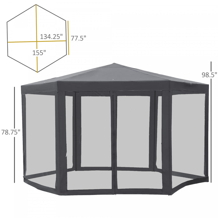 Outsunny O 13' Tonnelle Barnum Hexagonale Tente De Reception Activites Extetieur Rideaux Moustiquaires Zippees Gris Fonce