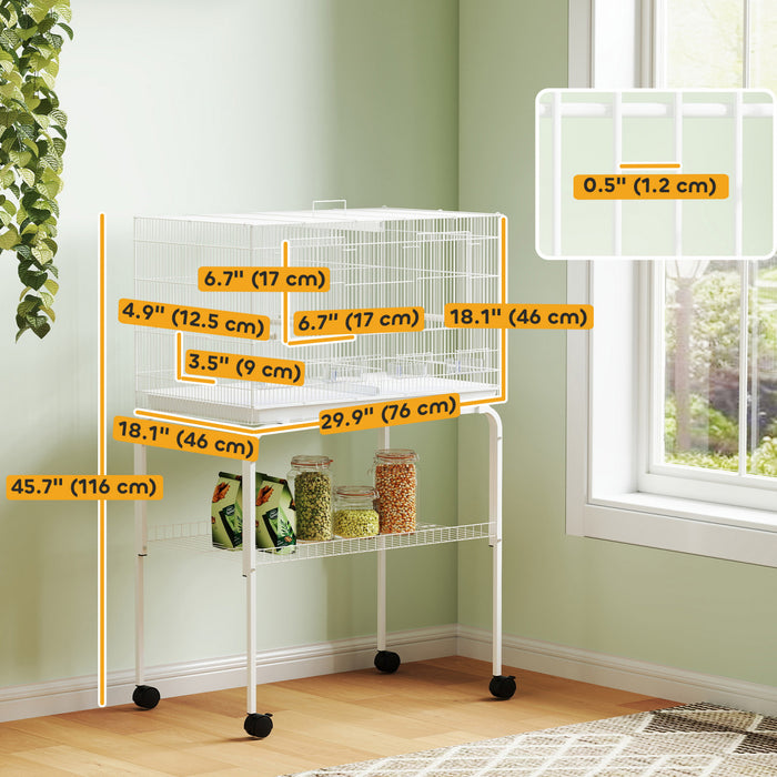 PawHut Cage a Oiseaux 116 cm, Cage pour Perruches, Inseparables, Canaris, avec Separateur, Support a Roulettes, Etagere, 4 Perchoirs en Bois, Plateau Coulissant, 4 Gamelles, Blanc