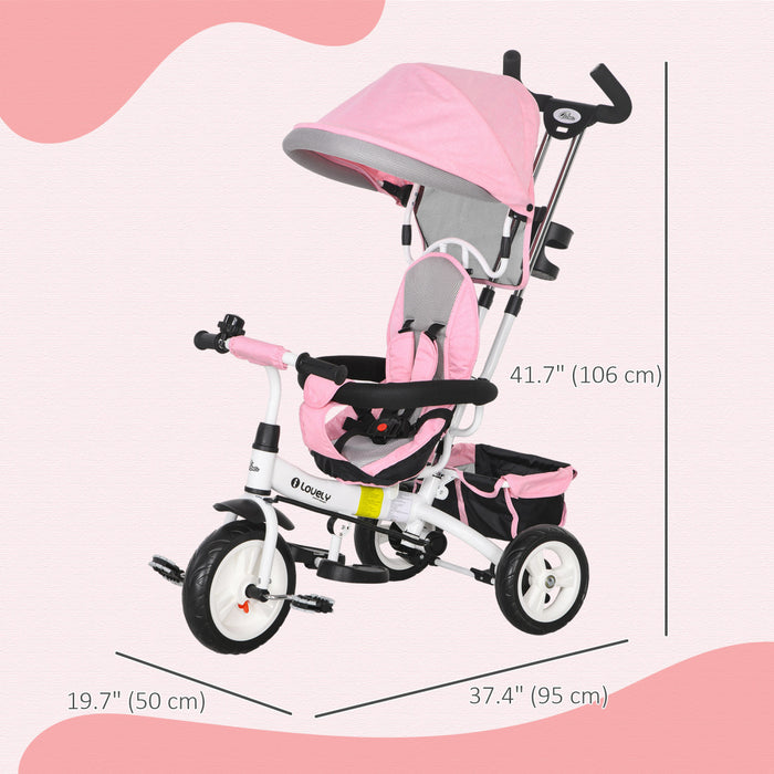 Qaba Tricycle Pour Tout-petits, Poussette De Velo 2 En 1 Pour Bebe Avec Auvent Pliable, Panier De Rangement, Harnais De Securite A 5 Points, Tricycle Pour Enfants De 1 A 5 Ans, Rose