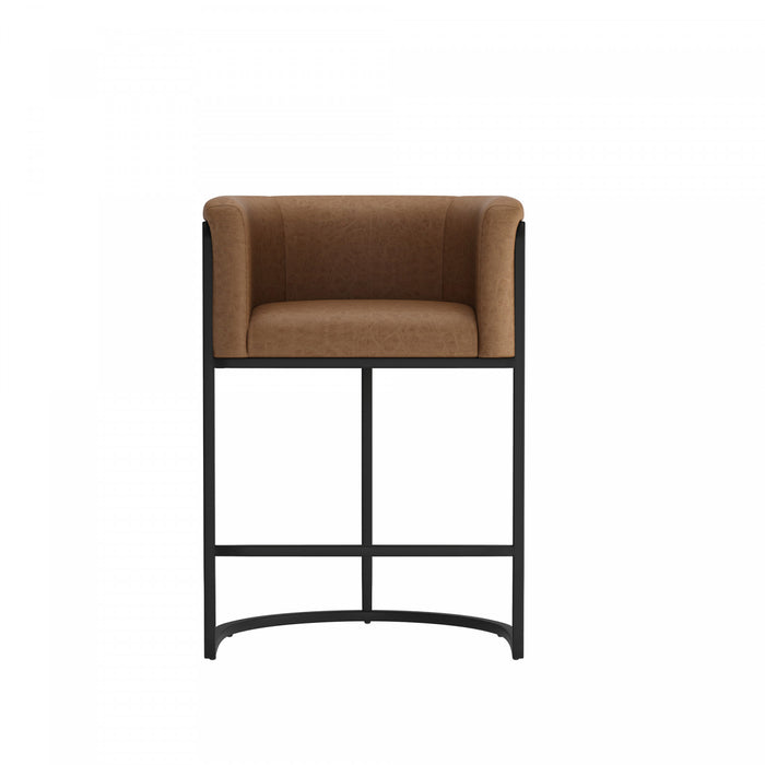 Tabouret de comptoir moderne du milieu du siecle en metal et tissu, finition chataigne