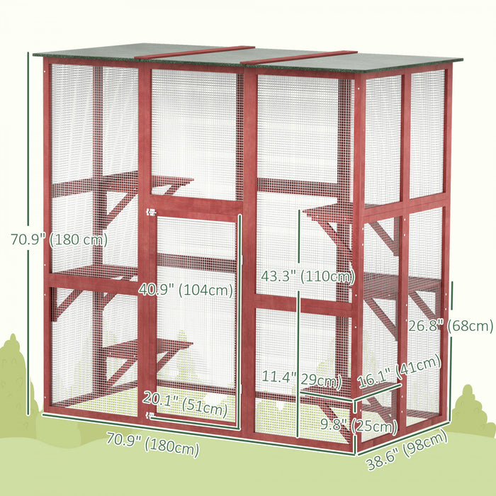 Pawhut Grand Enclos Exterieur Pour Chat, Maison Resistante Aux Intemperies, Toit En Asphalte, Cage De Terrasse En Bois Avec 6 Plates-formes Equilibrees, 71\" X 39\" X 71\", Bordeaux