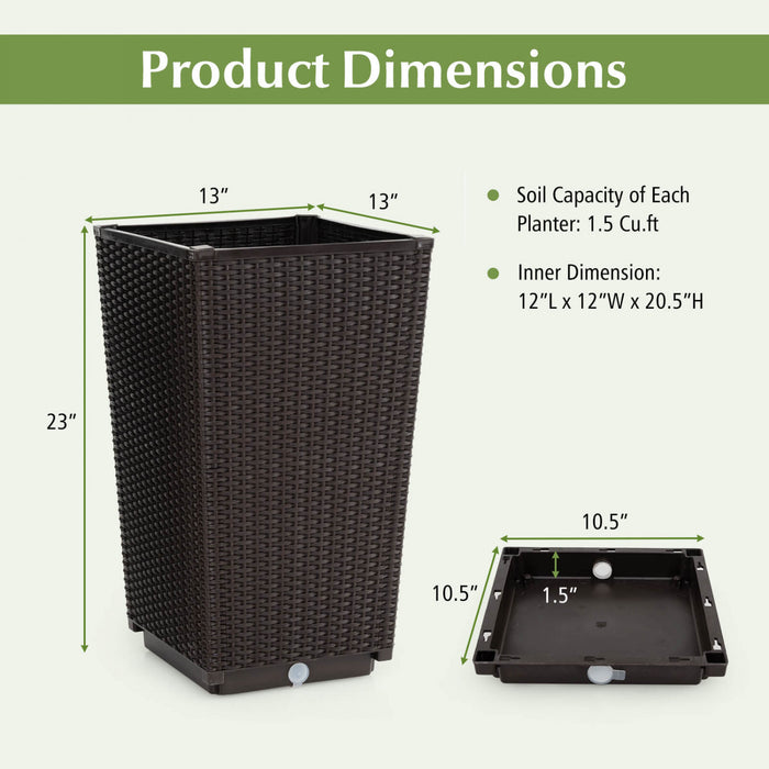 Costway 23 \"planteurs Hauts Ensemble De 2 Pot De Plante En Mousse De Rattan Pot D'arbre Arrosant Automatiquement Brown