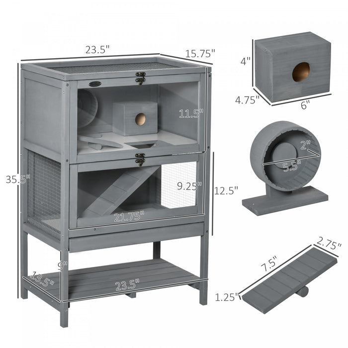 Pawhut Cage En Bois Pour Hamsters, Cage Pour Souris Et Rongeurs, Maison D'exercice A 2 Niveaux, Avec Etagere De Rangement, Plateau Coulissant, Scie, Roue De Course, Toit Verrouillable