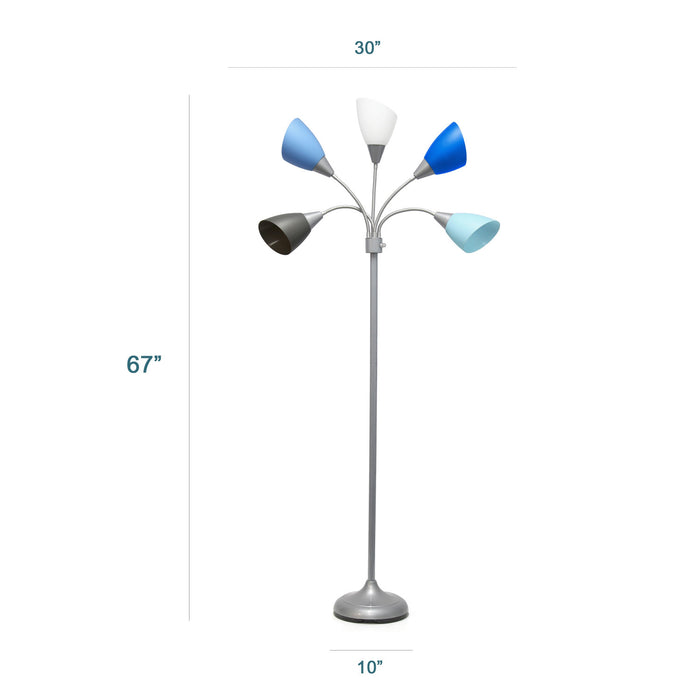 Skye Lampadaire a 5 lumieres avec cols de cygne reglables, Bleu multicolore, Blanc et Argent, 67 po H