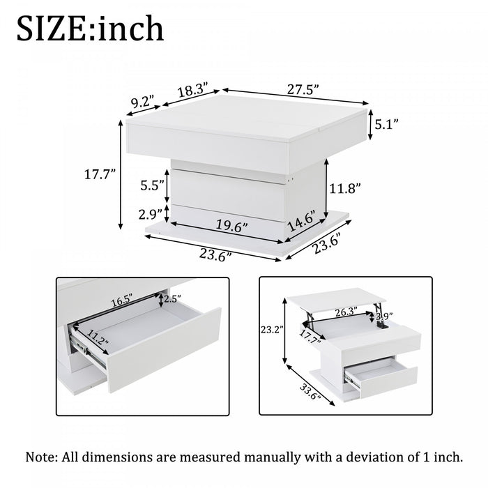 Noah table basse relevable et pivotante – table avec tiroir et espace de rangement, blanc