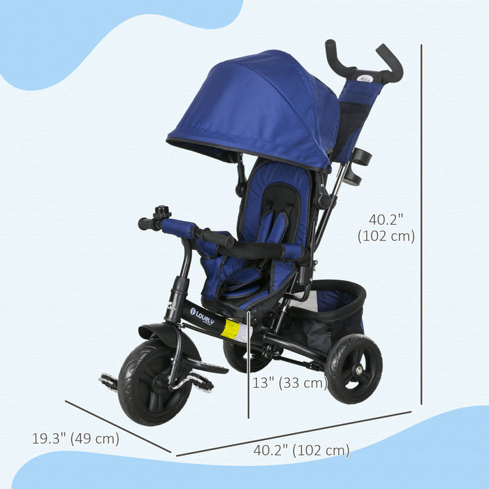 Qaba Tricycle 4 En 1 Pour Tout-petits, Tricycle Pour Enfants Avec Auvent Pliable, Poignee Et Housse Amovibles, Panier De Rangement, Ceinture De Securite A 5 Points, Pour Enfant De 1 A 5 Ans Bleu Fonce