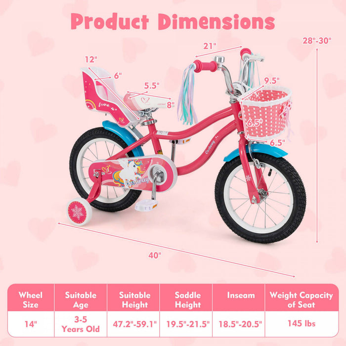 Costway 14 Pouces Enfants Velo Avec Panier Poupee Siege & Streamers Colores 2 Roues D'entrainement Rose