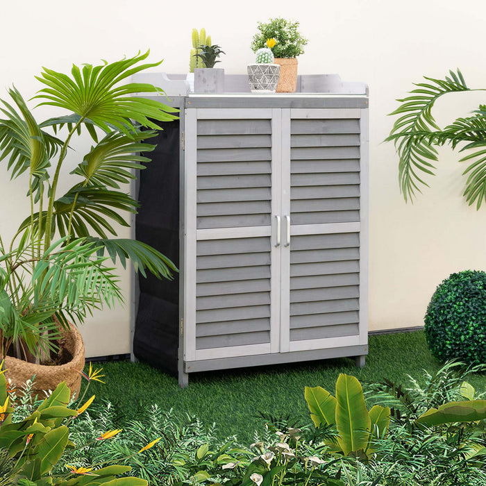 Etabli D’exterieur Avec Dessus Spacieux Galvanise Et Etagere A 2 Niveaux, Abri De Jardin Avec Porte Laterale Enroulable Et Pieds Sureleves, Pour Stocker Pelles, Arrosoirs Et Ciseaux, Gris