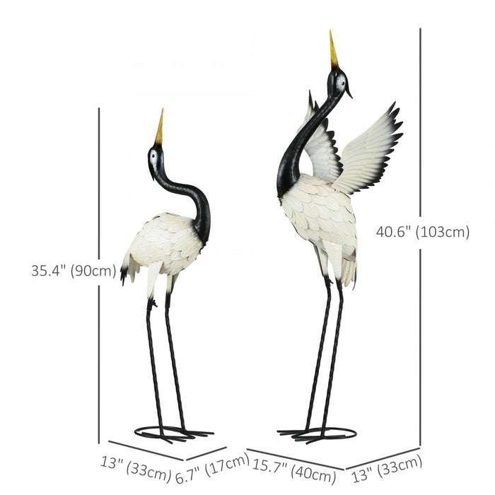 Outsunny 2pcs Statues De Jardin De Heron Metal Oiseau Sculptures, Blanc