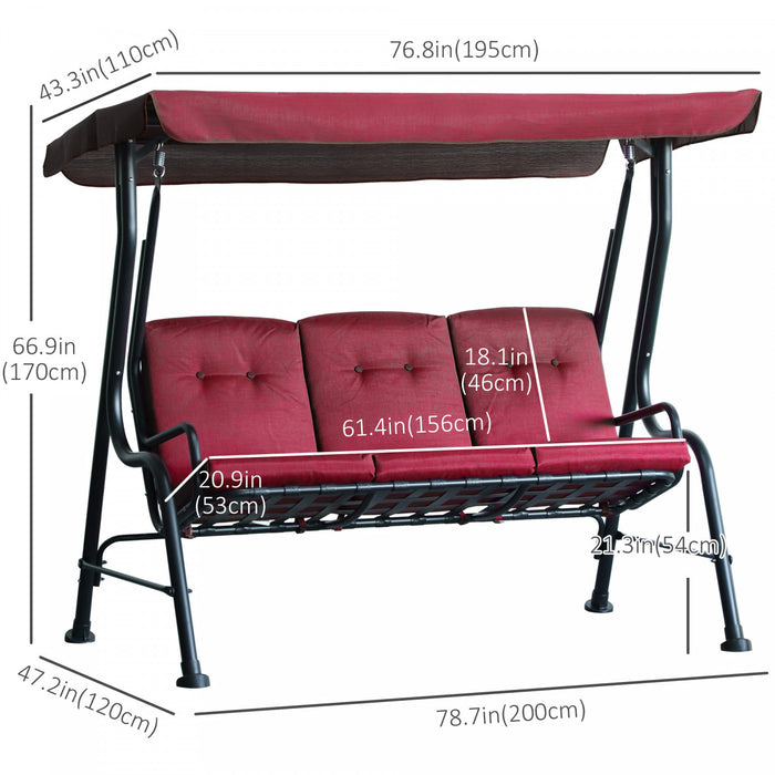 Chaise Pivotante Exterieure Pour Porche En Metal Pour 3 Personnes Avec Auvent Pour Patio Et Jardin Au Bord De La Piscine, Rouge Vin