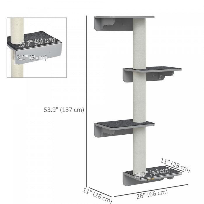 Pawhut Cat Wall Climber Avec 4 Plateformes Et 3 Griffoirs, Tablette Murale Pour Chat Pour Grimper Et Se Detendre, Tapis Moelleux Inclus, Gris Pale