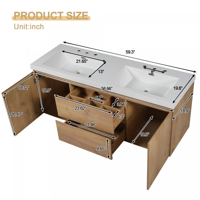 Ethan meuble de salle de bain double vasque 59,3 pouces avec rangement a fermeture douce, bois