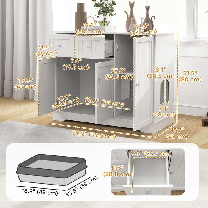 Pawhut Bac A Litiere Pour Chat, Bac A Litiere Cache, Maison D'interieur Pour Chat Avec Tiroir, Rangement, Kit Anti-basculement, Toilettes Pour Chat Pour Salon, Chambre A Coucher, Blanc