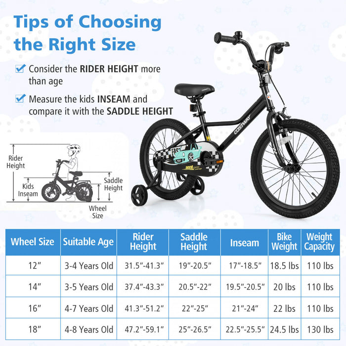 Costway 18\" Velo D'entrainement Pour Enfants Avec Roues D'entrainement Amovibles Pneumatiques Noir