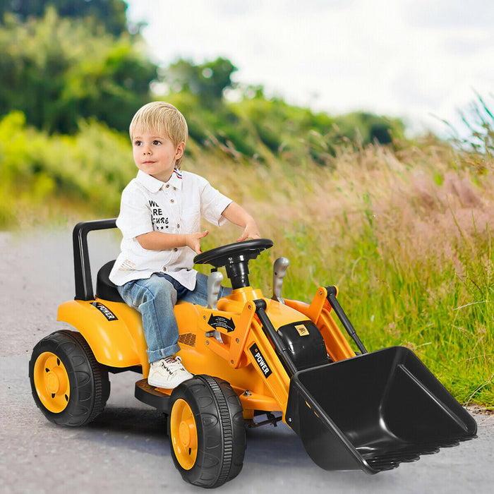 Les Enfants Montent Sur Le Tracteur A Batterie 6v De L'excavatrice W/digging Bucket Jaune