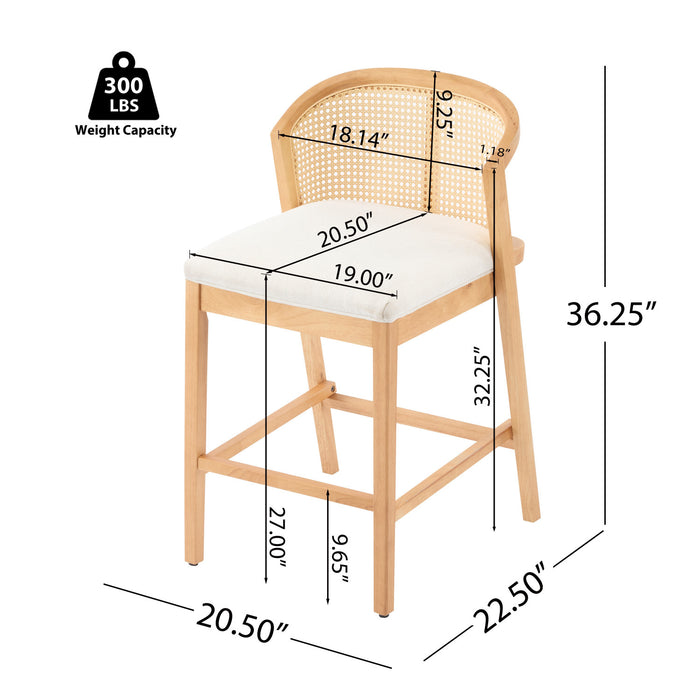 Tatti – Lot de 2 tabourets de comptoir en bois d’hevea avec dossier en cannage, couleur beige