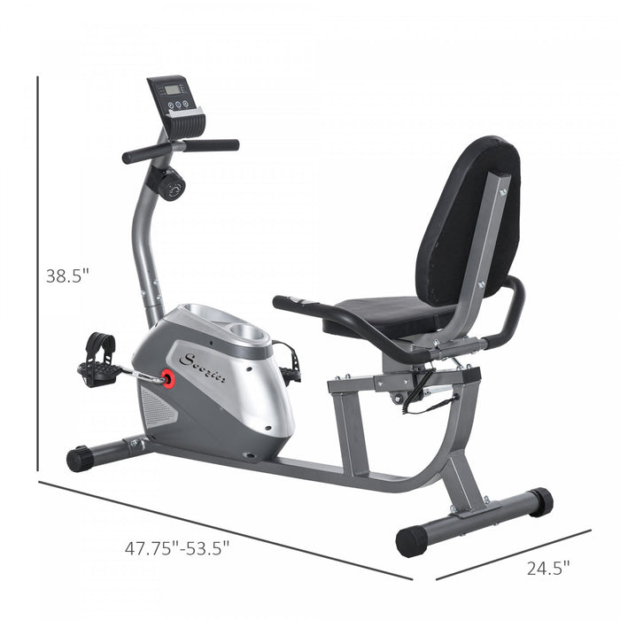 Soozier Velo D'exercice Couche Velo D'entrainement Magnetique D'interieur Velo D'entrainement Stationnaire Velo Avec 8 Resistances Reglables, Support De Tampon Porte-bouteille Moniteur Lcd, Gris