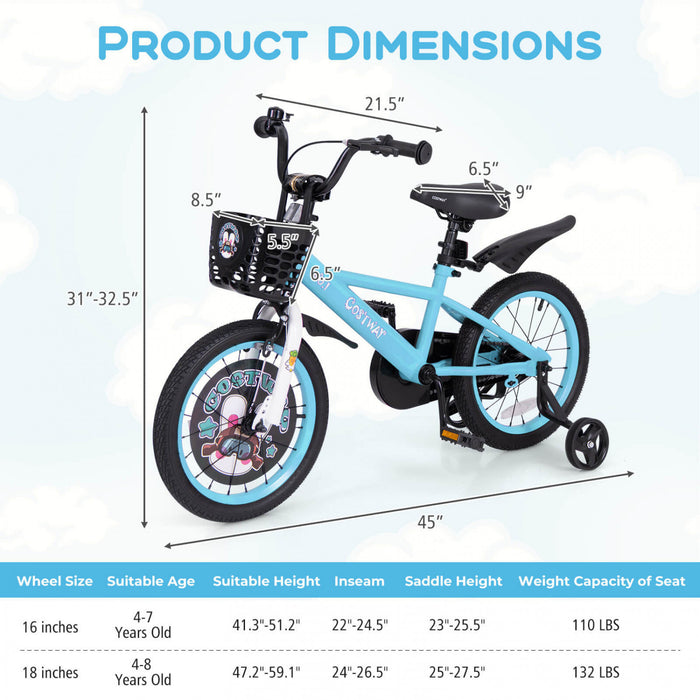 Velo Pour Enfants 16\" Pour 4-7 Avec Guidon Reglable En Hauteur Et Frein A Main En Selle Bleu